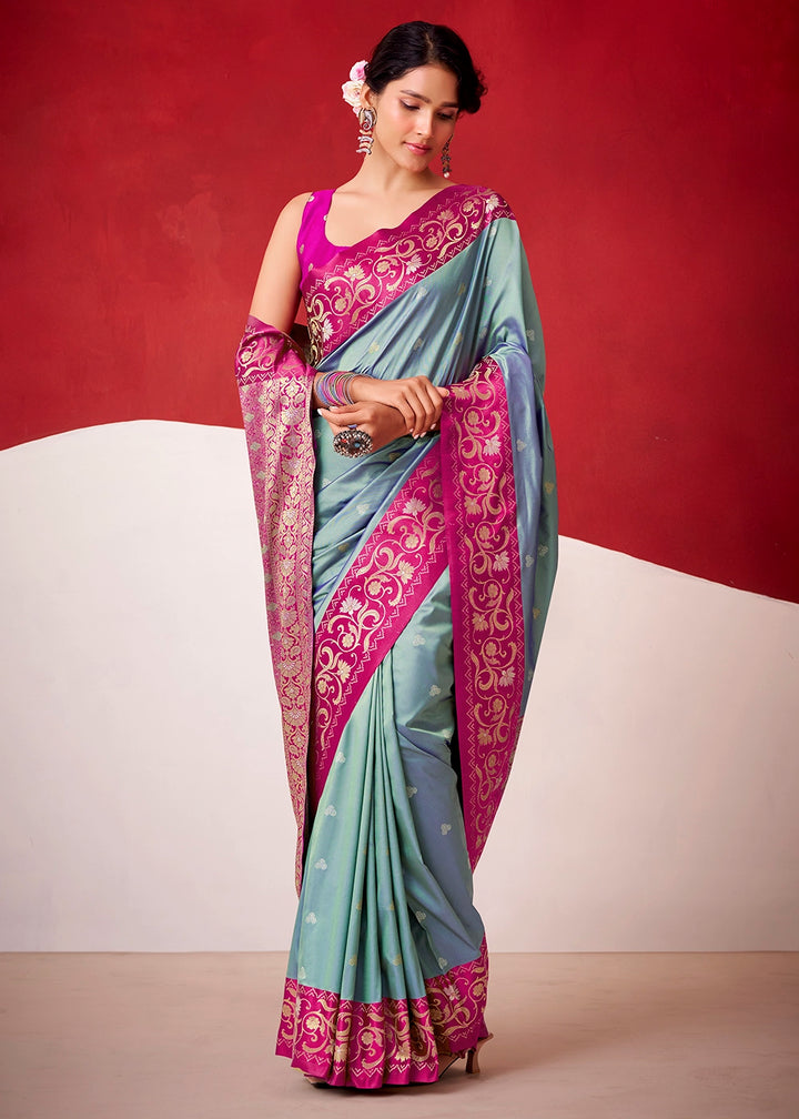 Shades Of Blue Satin Silk Saree with Intricate Zari Woven Buttis