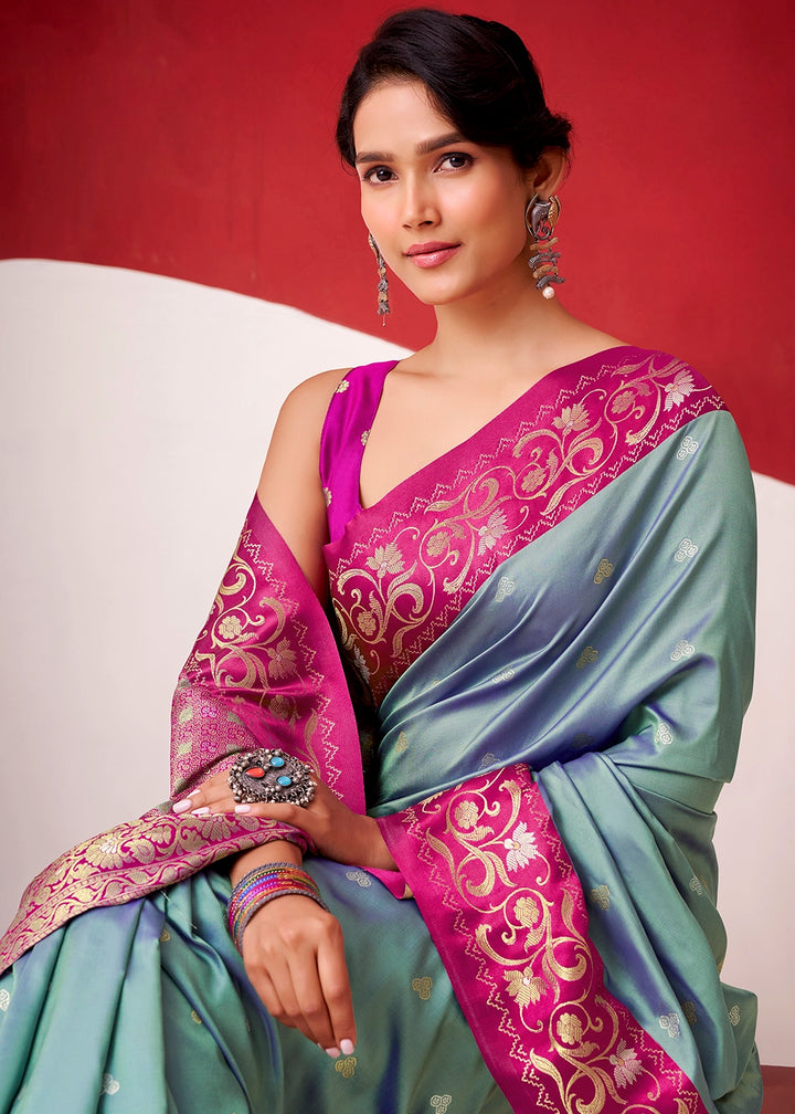 Shades Of Blue Satin Silk Saree with Intricate Zari Woven Buttis