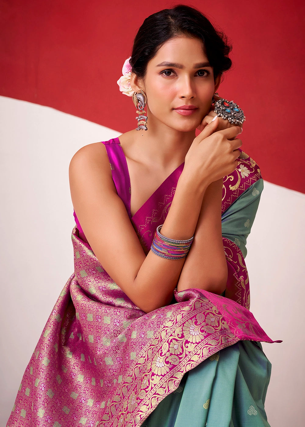 Shades Of Blue Satin Silk Saree with Intricate Zari Woven Buttis