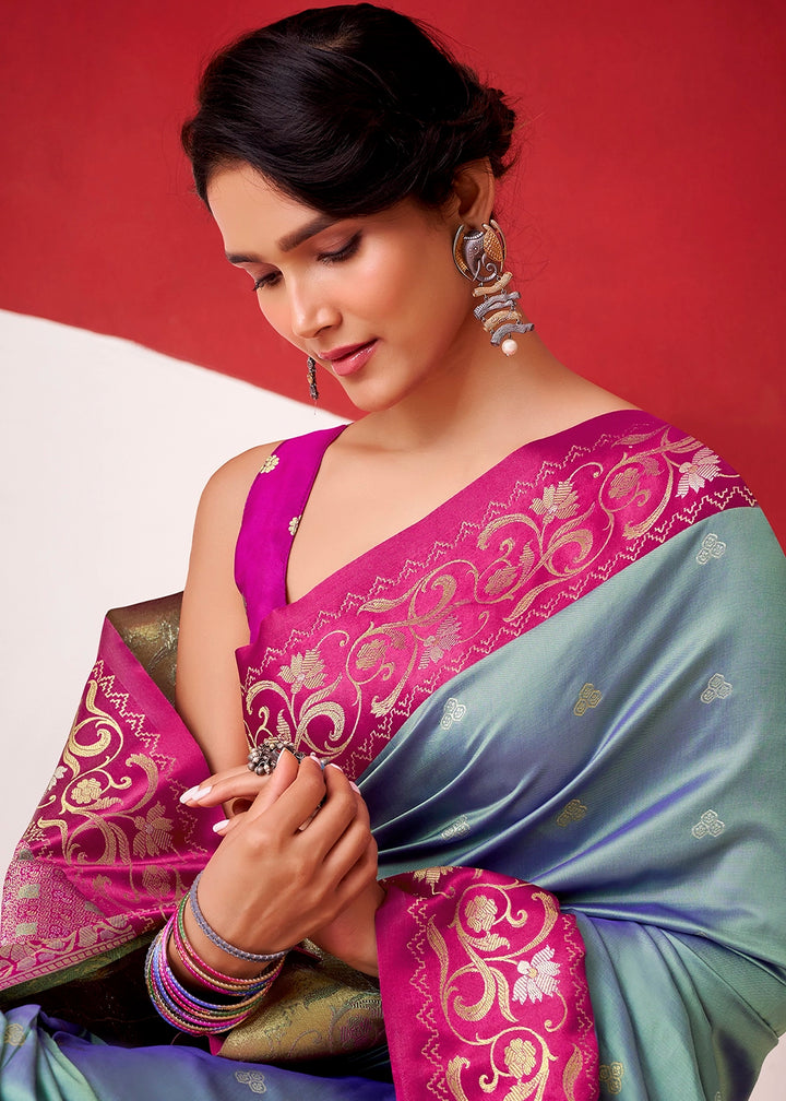 Shades Of Blue Satin Silk Saree with Intricate Zari Woven Buttis