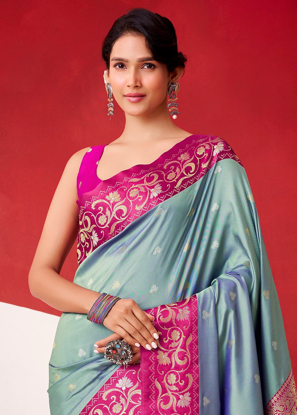 Shades Of Blue Satin Silk Saree with Intricate Zari Woven Buttis