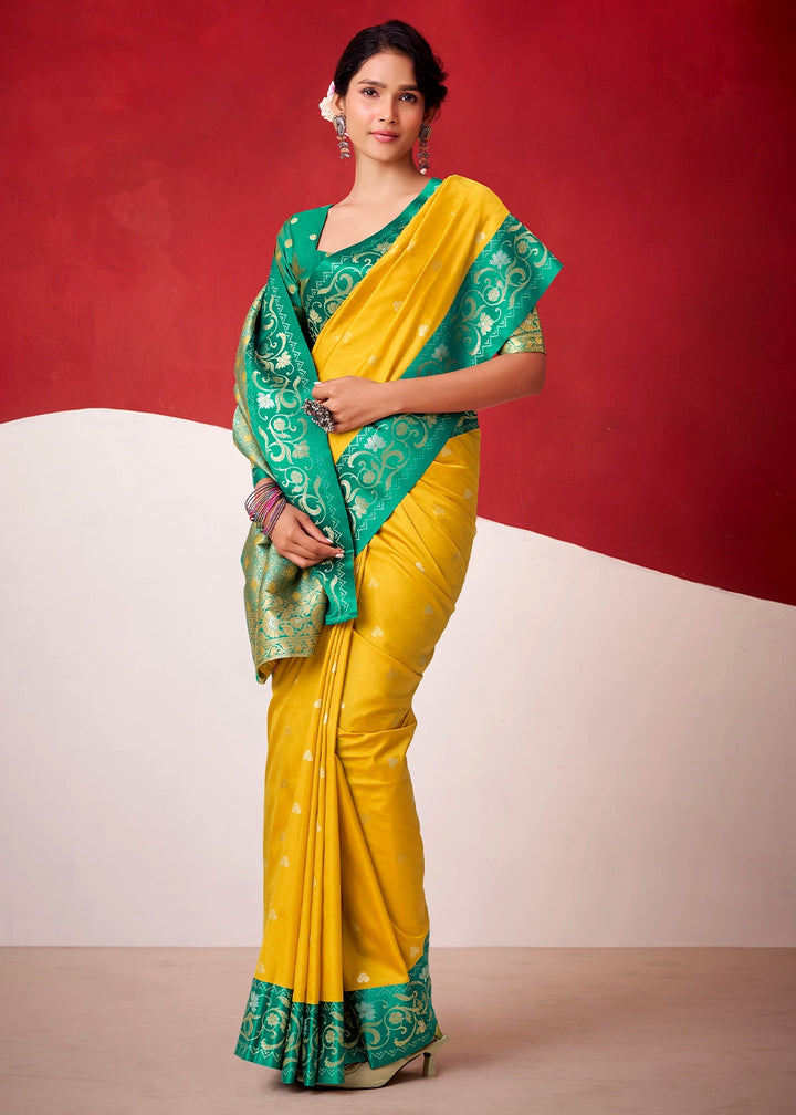 Aureolin Yellow Satin Silk Saree with Intricate Zari Woven Buttis