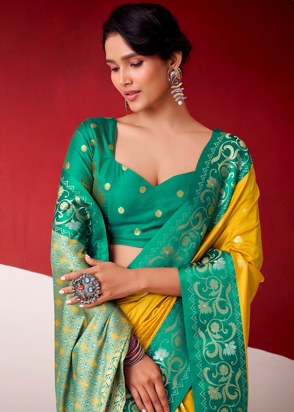 Aureolin Yellow Satin Silk Saree with Intricate Zari Woven Buttis