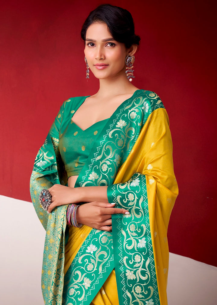 Aureolin Yellow Satin Silk Saree with Intricate Zari Woven Buttis