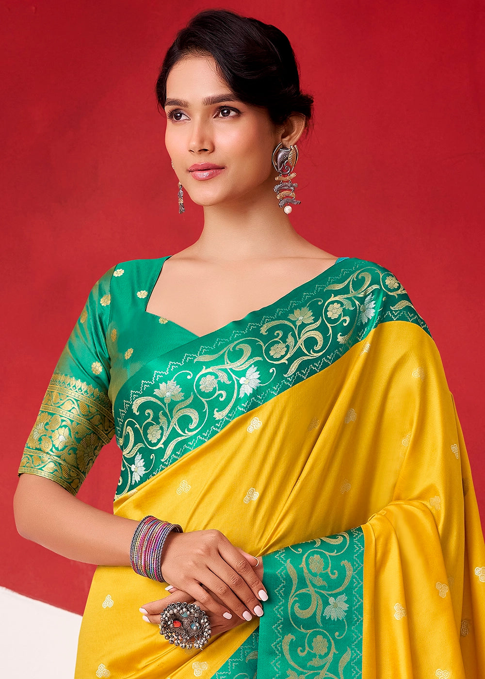 Aureolin Yellow Satin Silk Saree with Intricate Zari Woven Buttis