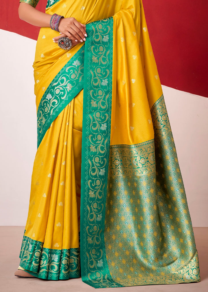 Aureolin Yellow Satin Silk Saree with Intricate Zari Woven Buttis