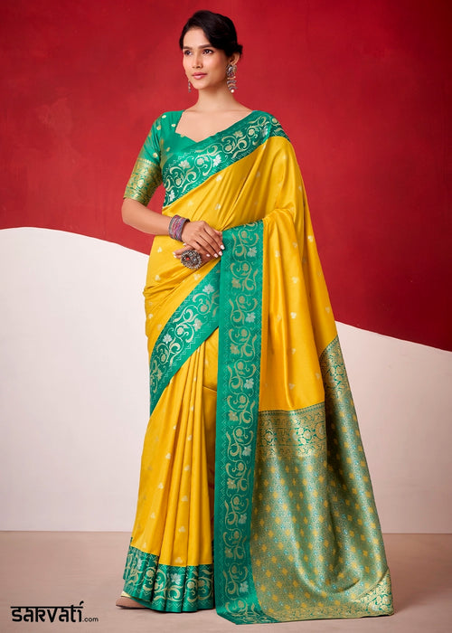 Aureolin Yellow Satin Silk Saree with Intricate Zari Woven Buttis