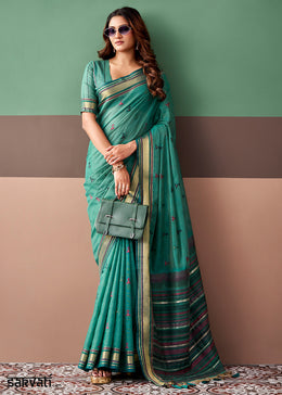 Persian Green Cotton Saree Rich Zari Weave & Allover Butti Design