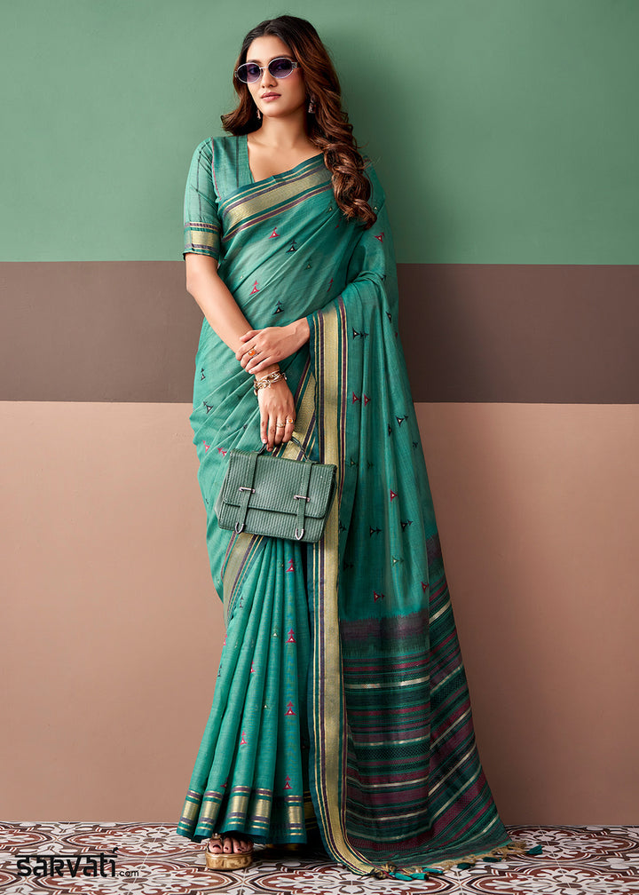Persian Green Cotton Saree Rich Zari Weave &amp; Allover Butti Design
