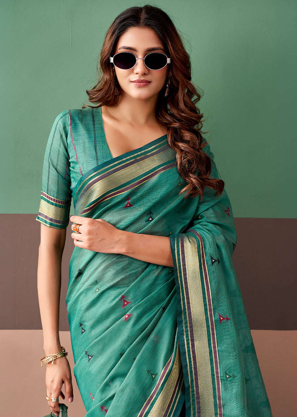 Persian Green Cotton Saree Rich Zari Weave & Allover Butti Design