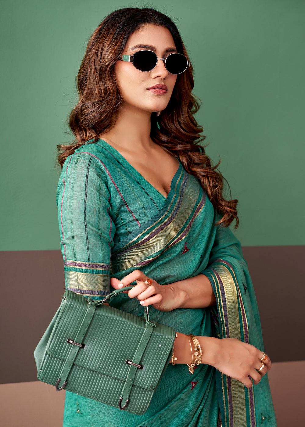 Persian Green Cotton Saree Rich Zari Weave &amp; Allover Butti Design