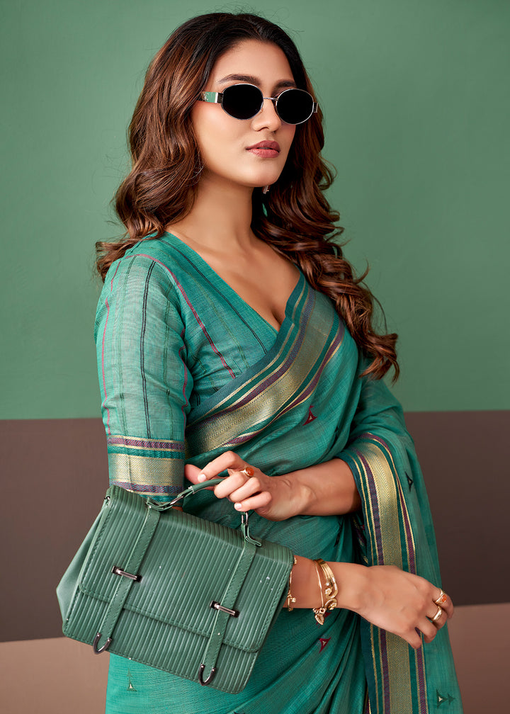 Persian Green Cotton Saree Rich Zari Weave &amp; Allover Butti Design