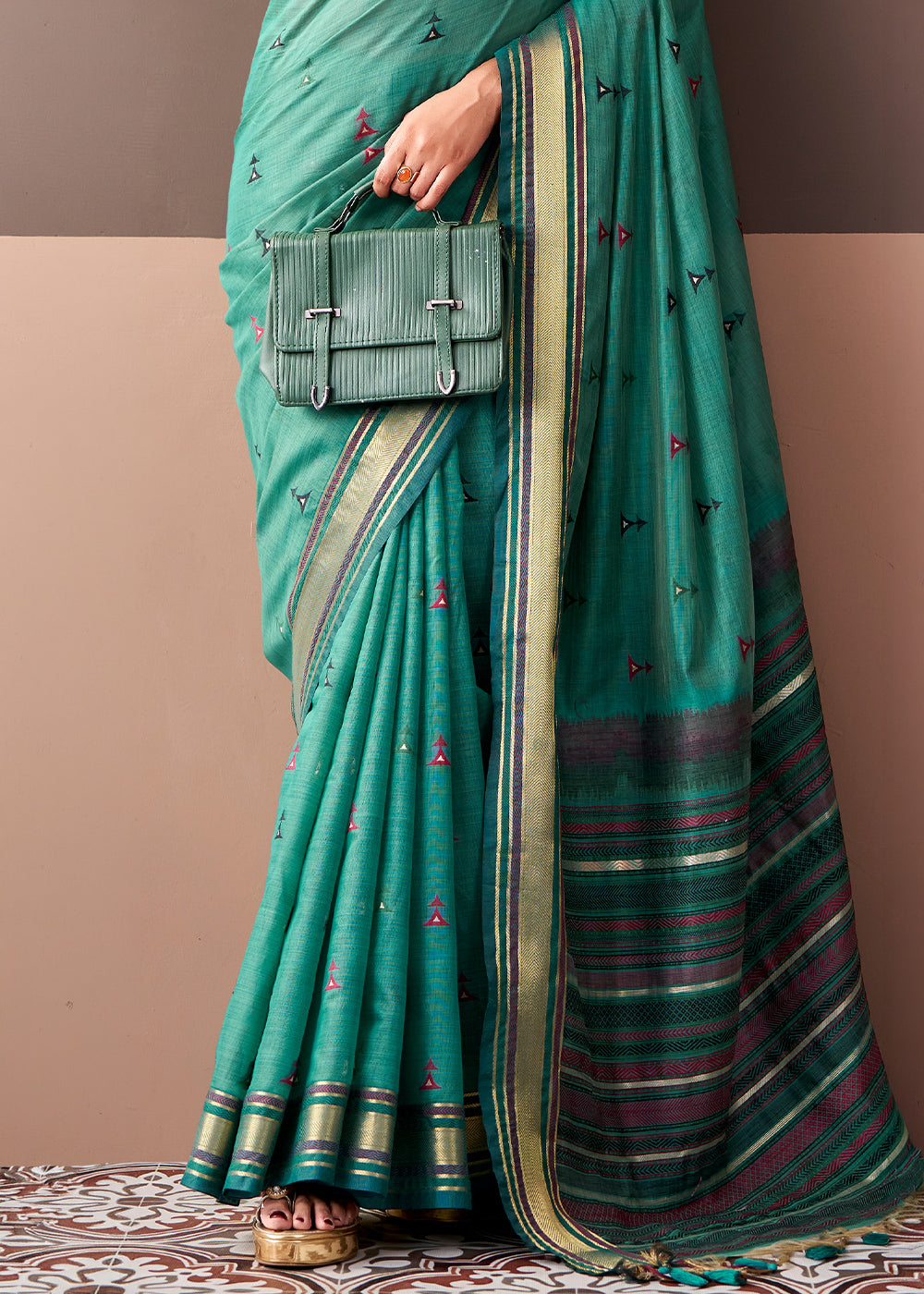 Persian Green Cotton Saree Rich Zari Weave &amp; Allover Butti Design