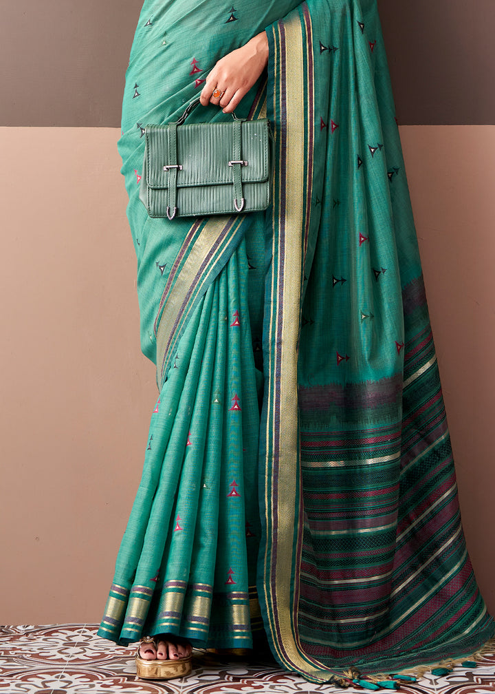 Persian Green Cotton Saree Rich Zari Weave &amp; Allover Butti Design