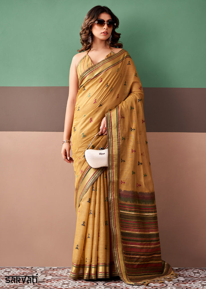 Brownish Yellow Cotton Saree Rich Zari Weave &amp; Allover Butti Design