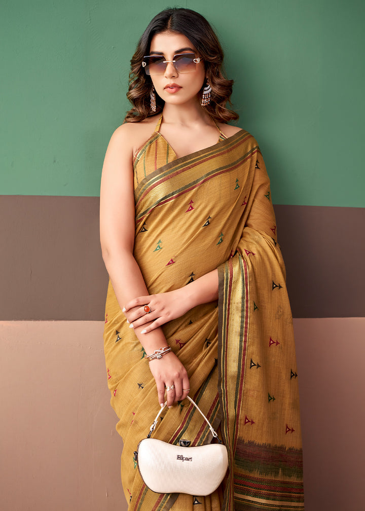 Brownish Yellow Cotton Saree Rich Zari Weave &amp; Allover Butti Design