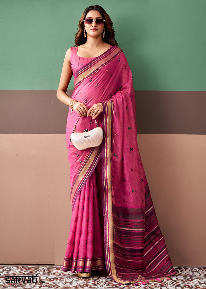 Bright Pink Cotton Saree Rich Zari Weave &amp; Allover Butti Design