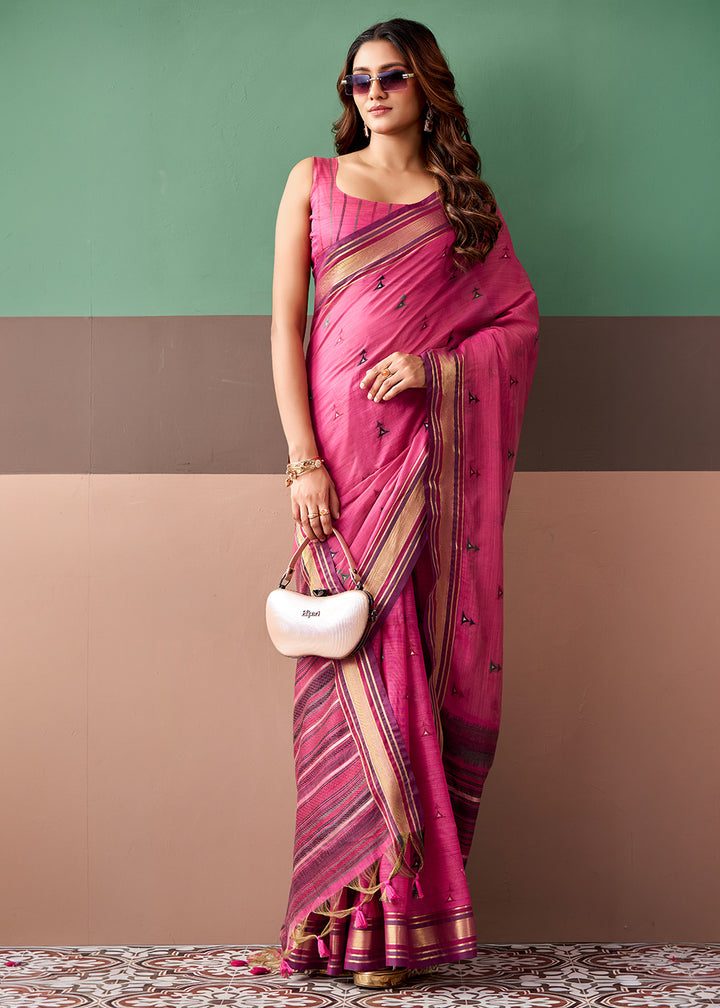 Bright Pink Cotton Saree Rich Zari Weave &amp; Allover Butti Design