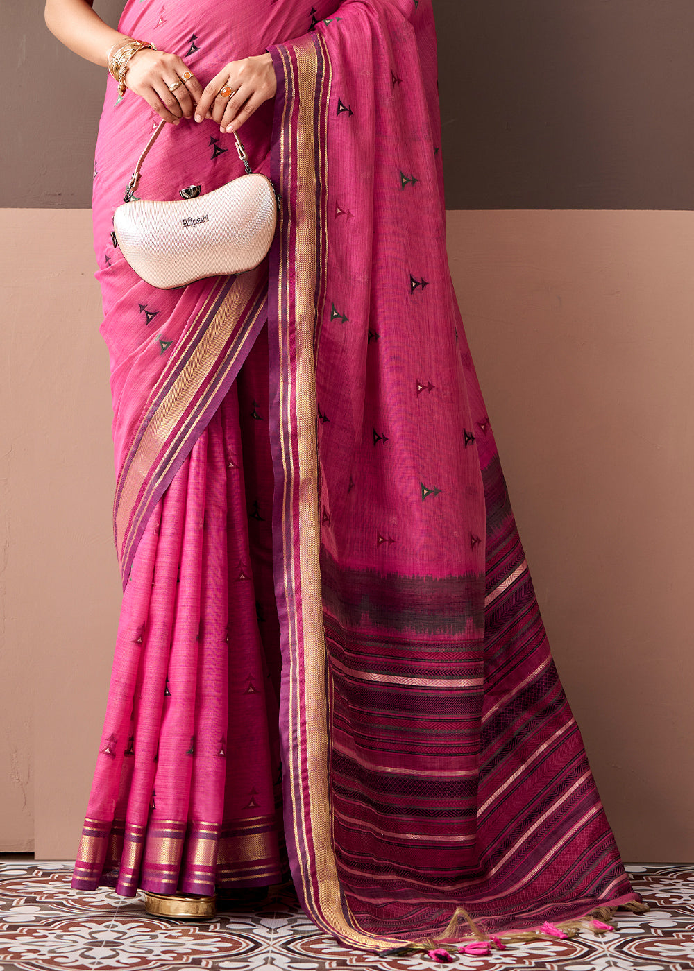 Bright Pink Cotton Saree Rich Zari Weave &amp; Allover Butti Design