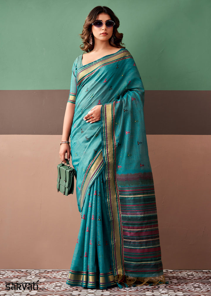 Marine Blue Cotton Saree Rich Zari Weave &amp; Allover Butti Design