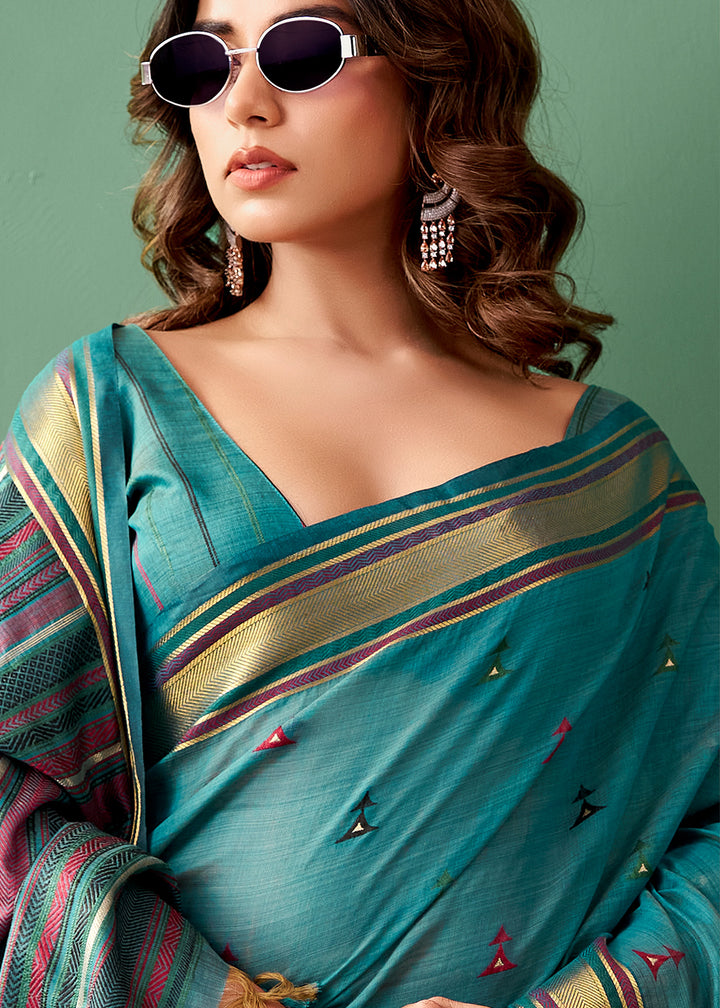 Marine Blue Cotton Saree Rich Zari Weave &amp; Allover Butti Design