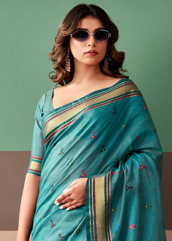 Marine Blue Cotton Saree Rich Zari Weave &amp; Allover Butti Design