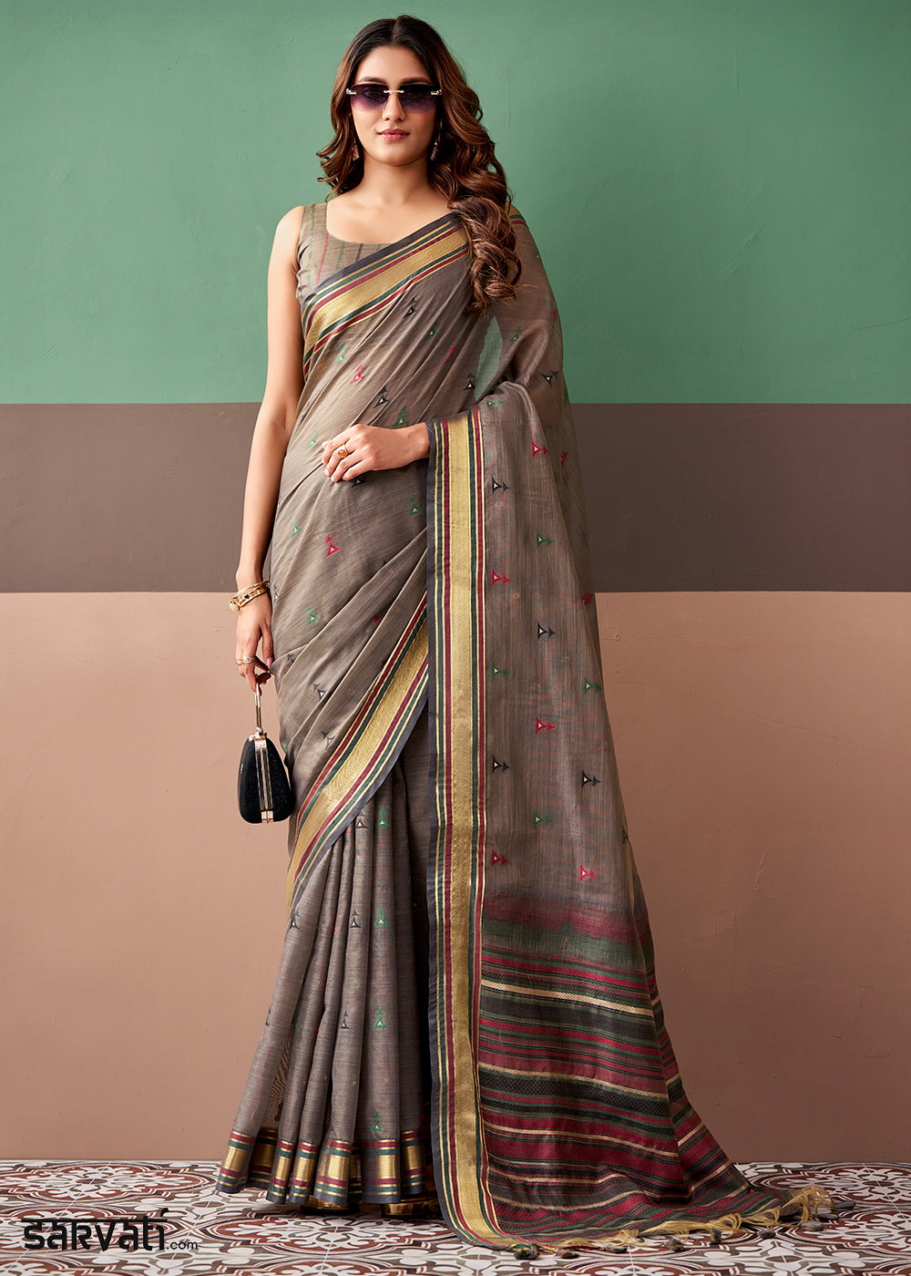 Cedar Brown Cotton Saree Rich Zari Weave &amp; Allover Butti Design