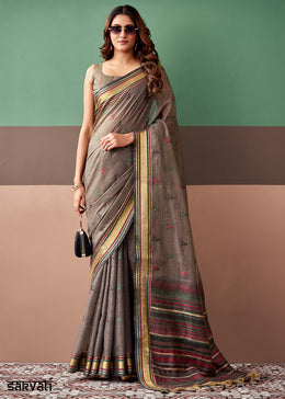 Cedar Brown Cotton Saree Rich Zari Weave & Allover Butti Design