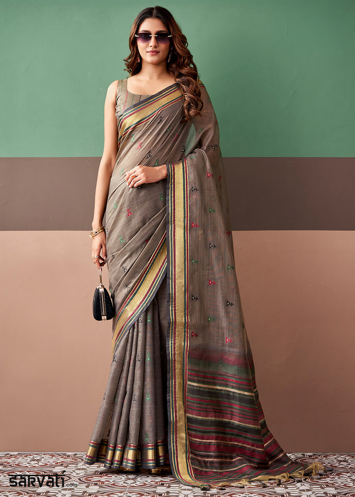Cedar Brown Cotton Saree Rich Zari Weave &amp; Allover Butti Design