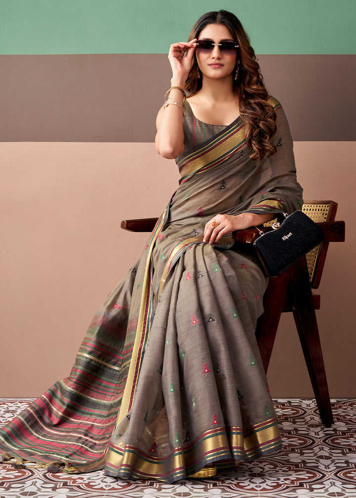 Cedar Brown Cotton Saree Rich Zari Weave &amp; Allover Butti Design