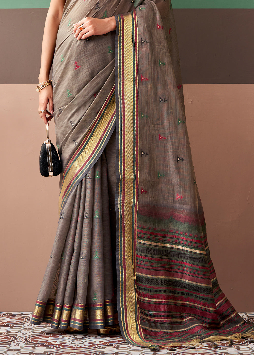 Cedar Brown Cotton Saree Rich Zari Weave &amp; Allover Butti Design