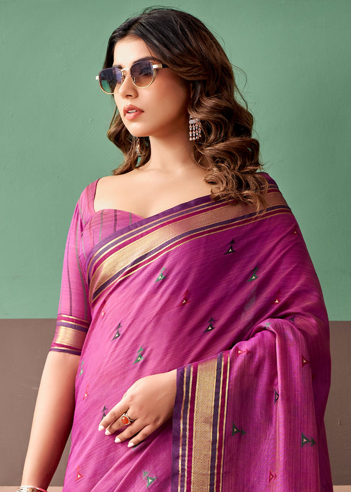 Barbie Pink Cotton Saree Rich Zari Weave &amp; Allover Butti Design