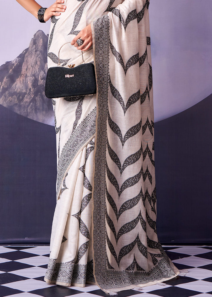 Rice White Cotton Saree with Contemporary Artistic Patterns