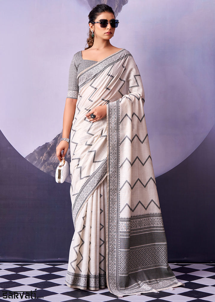Pearl White Cotton Saree with Contemporary Artistic Patterns