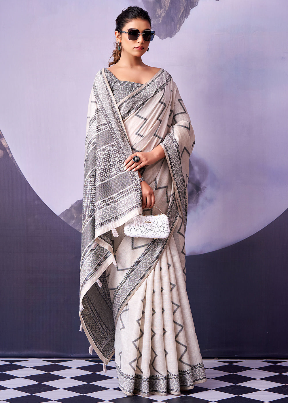 Pearl White Cotton Saree with Contemporary Artistic Patterns