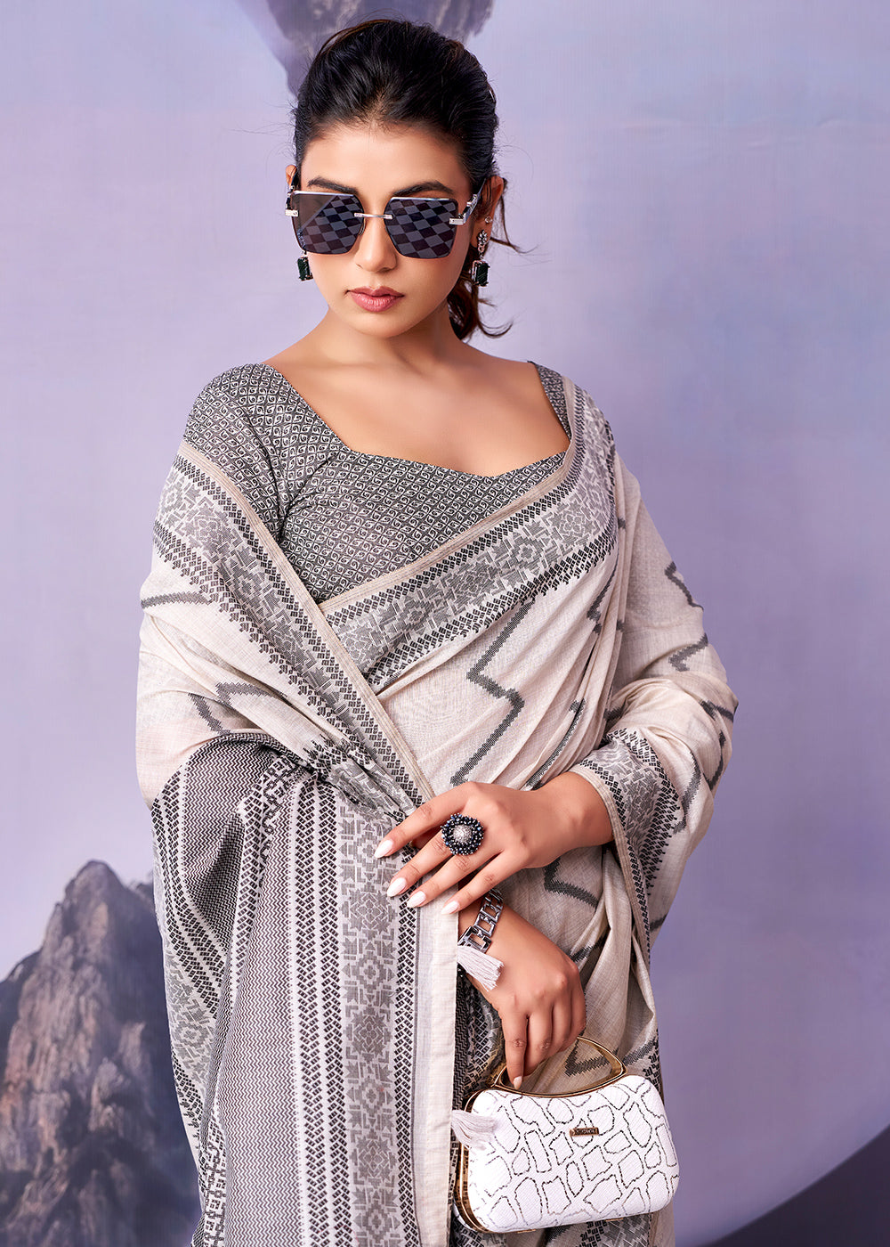 Pearl White Cotton Saree with Contemporary Artistic Patterns