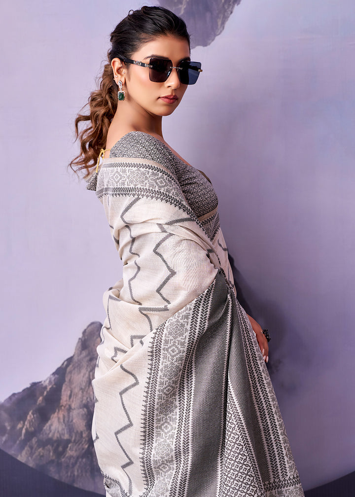 Pearl White Cotton Saree with Contemporary Artistic Patterns