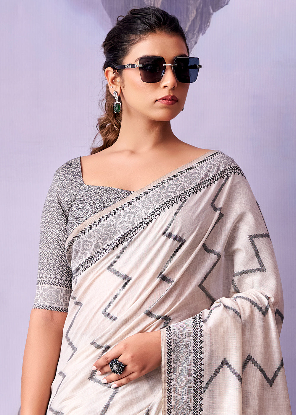 Pearl White Cotton Saree with Contemporary Artistic Patterns