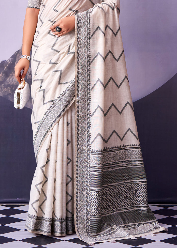 Pearl White Cotton Saree with Contemporary Artistic Patterns