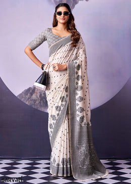 Snow White Cotton Saree with Contemporary Artistic Patterns