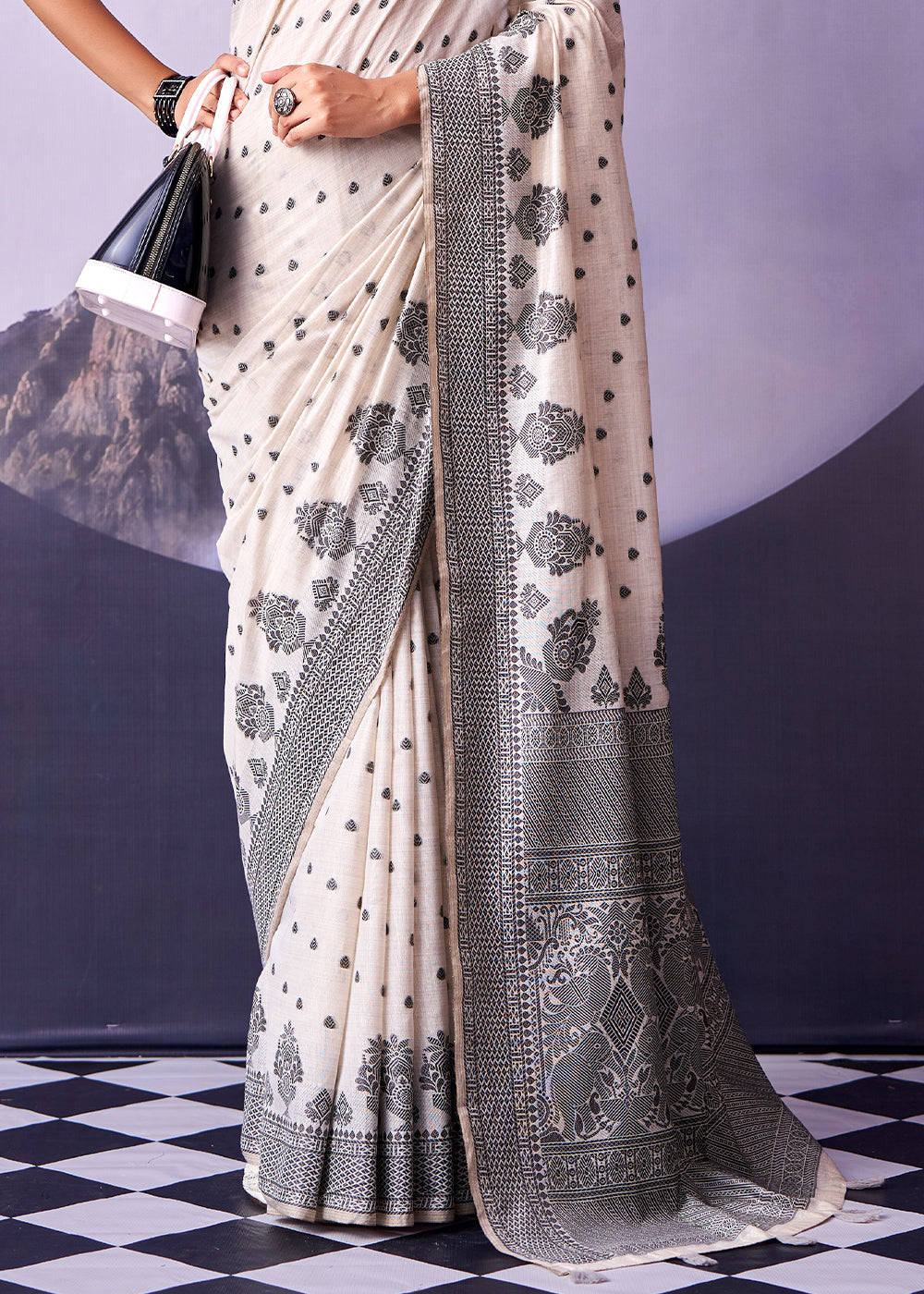 Snow White Cotton Saree with Contemporary Artistic Patterns