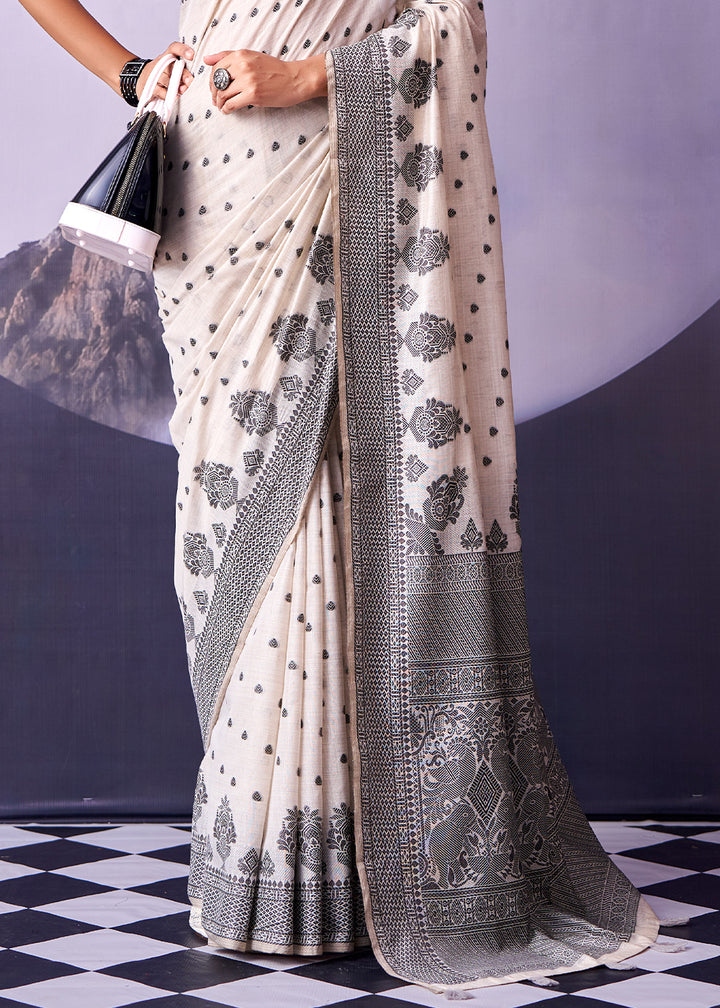 Snow White Cotton Saree with Contemporary Artistic Patterns