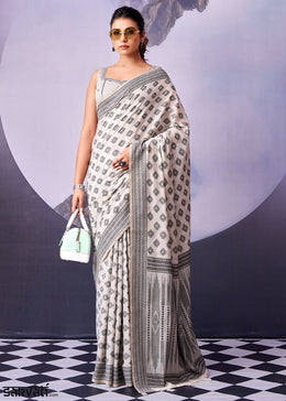 Floral White Cotton Saree with Contemporary Artistic Patterns