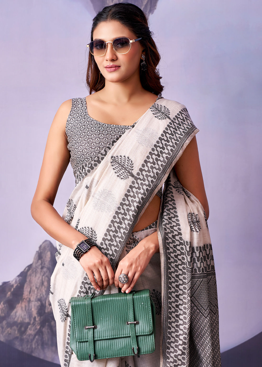 Cream White Cotton Saree with Contemporary Artistic Patterns