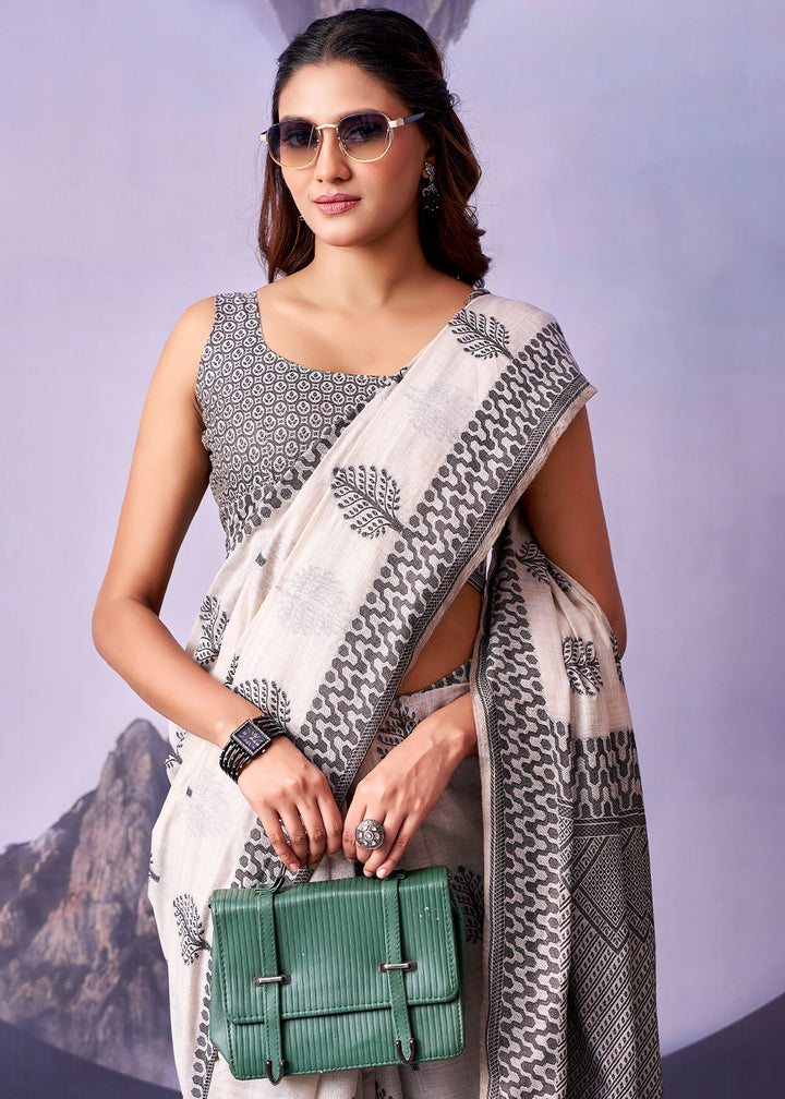 Cream White Cotton Saree with Contemporary Artistic Patterns