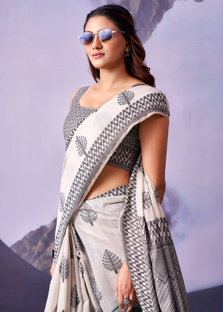 Cream White Cotton Saree with Contemporary Artistic Patterns