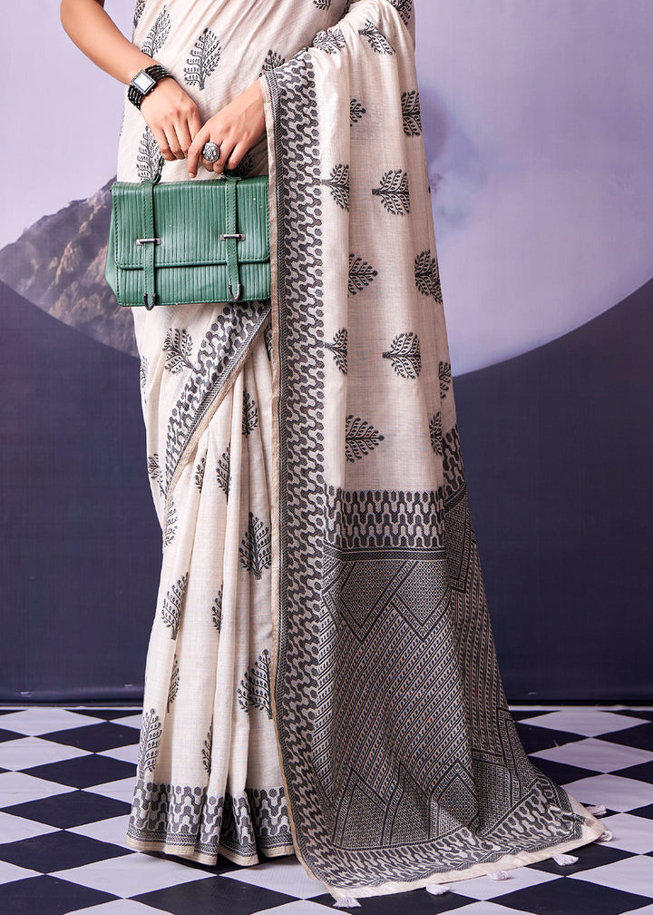 Cream White Cotton Saree with Contemporary Artistic Patterns