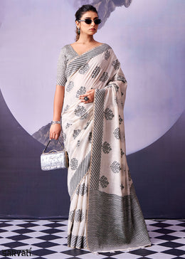 Powder White Cotton Saree with Contemporary Artistic Patterns