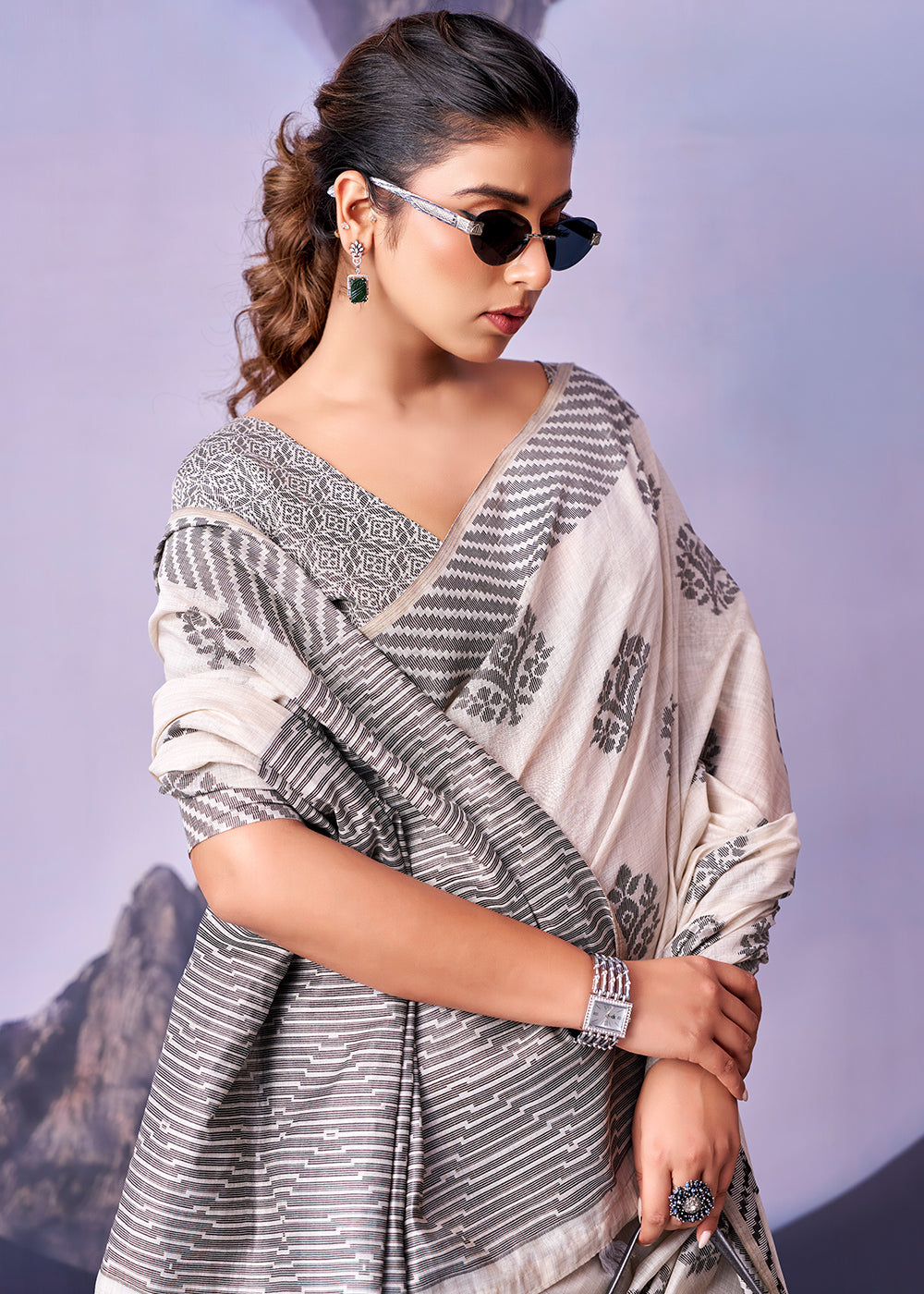 Powder White Cotton Saree with Contemporary Artistic Patterns