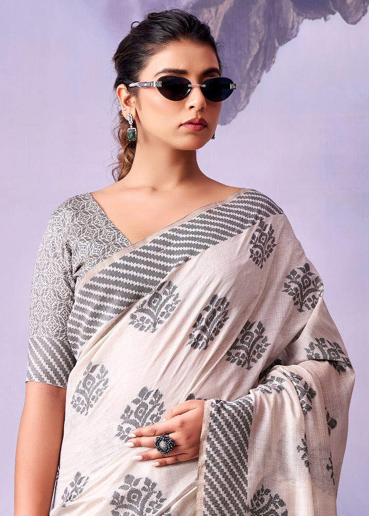 Powder White Cotton Saree with Contemporary Artistic Patterns